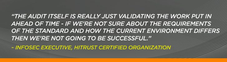 “The audit itself is really just validating the work put in ahead of time - if we're not sure about the requirements of the standard and how the current environment differs then we're not going to be successful.” ~ Infosec Executive, HITRUST Certified Organization